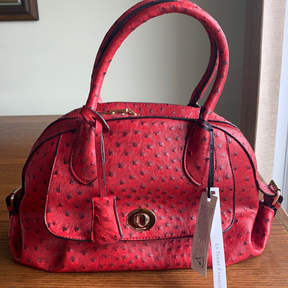 COPY - Red faux ostrich vegan leather satchel w shoulder strap gold hardware NWT